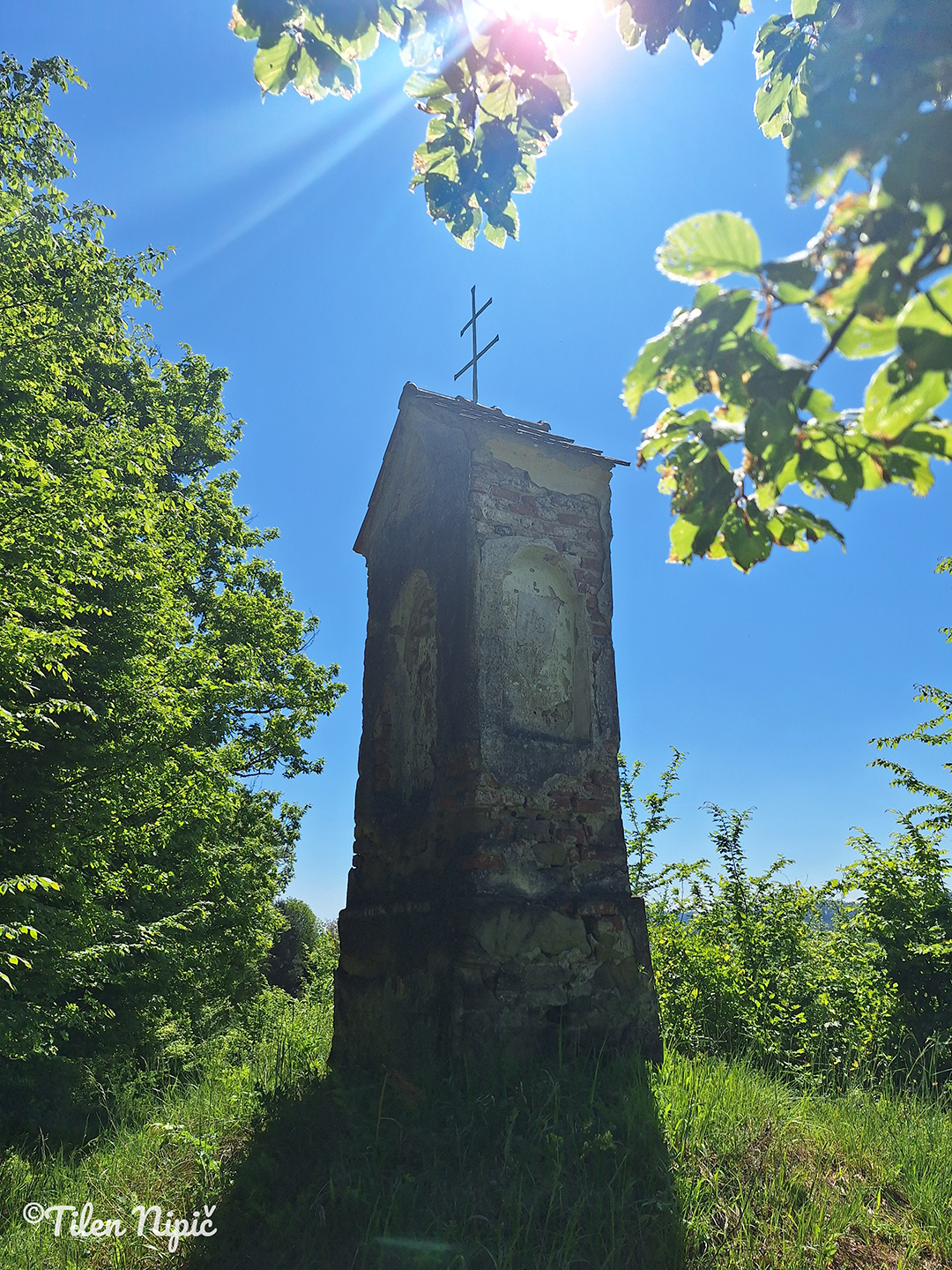 A stone monument along a forest trail in the Svečina Hills, illuminated by sunlight through the trees.