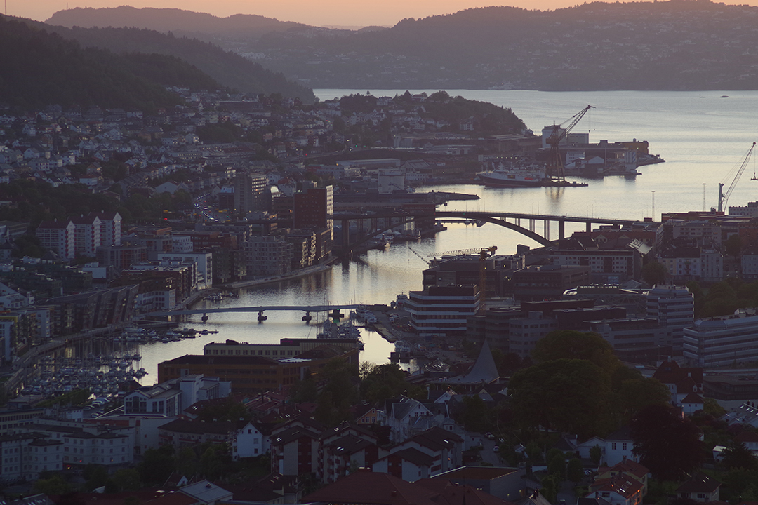 A panoramic view of Bergen framed by fjords and hills, highlighting the city’s unique Nordic charm.