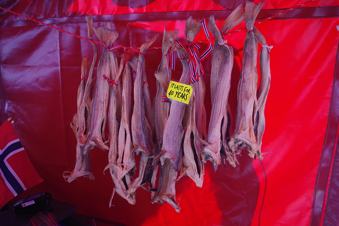 Dried fish at Bergen’s fish market, offering a taste of authentic Norwegian tradition.