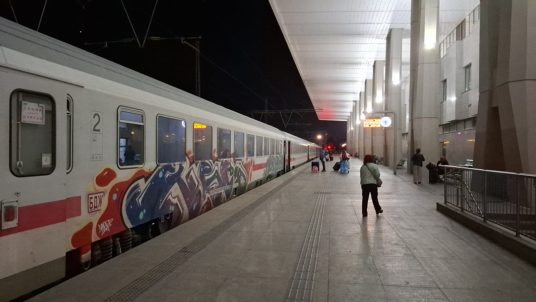Sofia’s railway station at night reflects everyday travel and urban infrastructure.