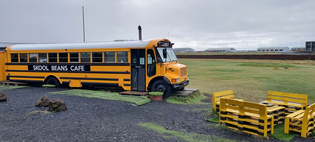 Skool Beans Café in Vík, a converted yellow school bus serving coffee, one of Iceland’s most charming and unique café spots.