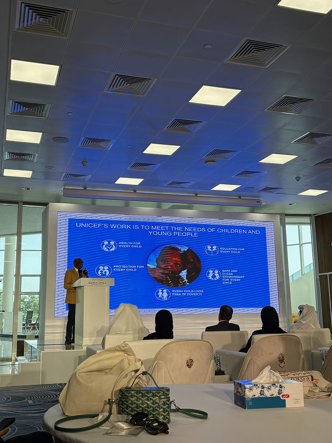 Conference hall during the youth forum in Qatar, hosting discussions on education, inclusion and sustainable development.