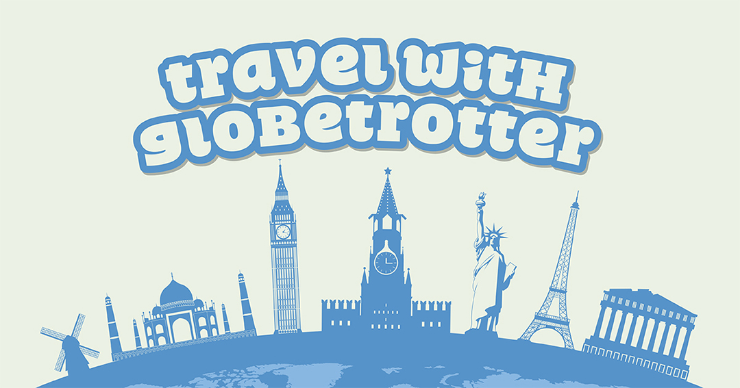 Travel with Globetrotter graphic banner featuring silhouettes of world landmarks symbolising international travel and connection.