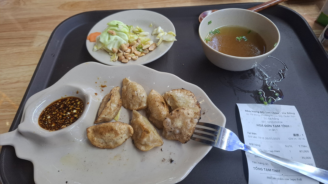 A plate of Vietnamese dumplings served with sauce, vegetables and broth – an authentic local meal.