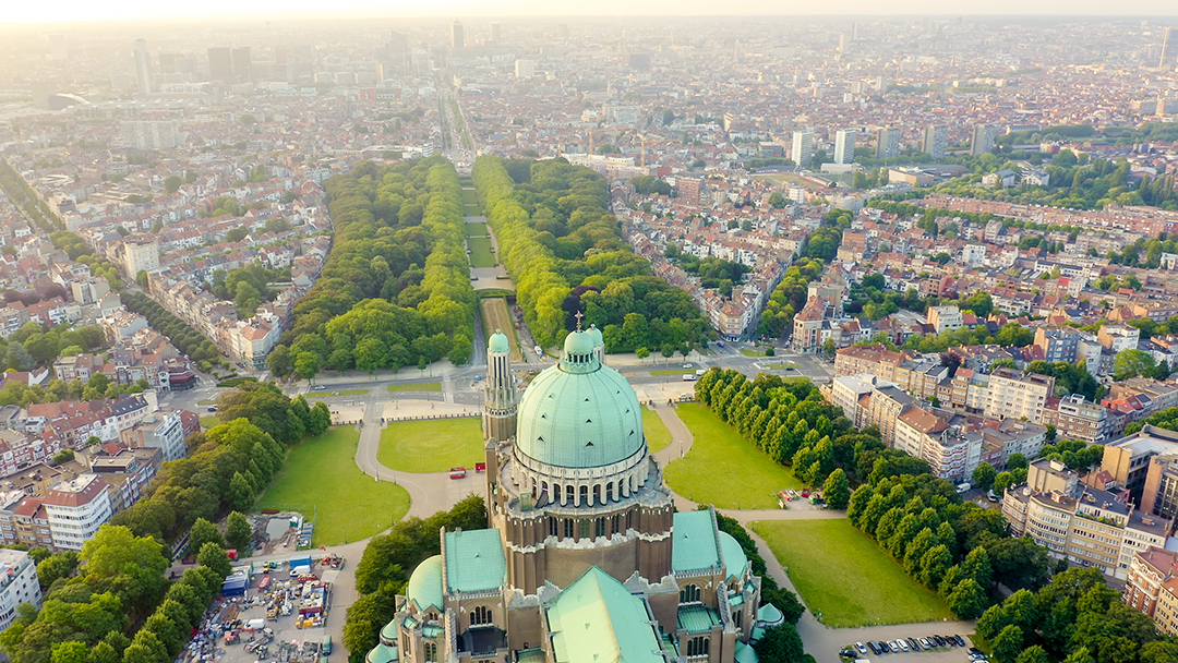 Aerial view of the Basilica of the Sacred Heart in Koekelberg overlooking the city of Brussels.