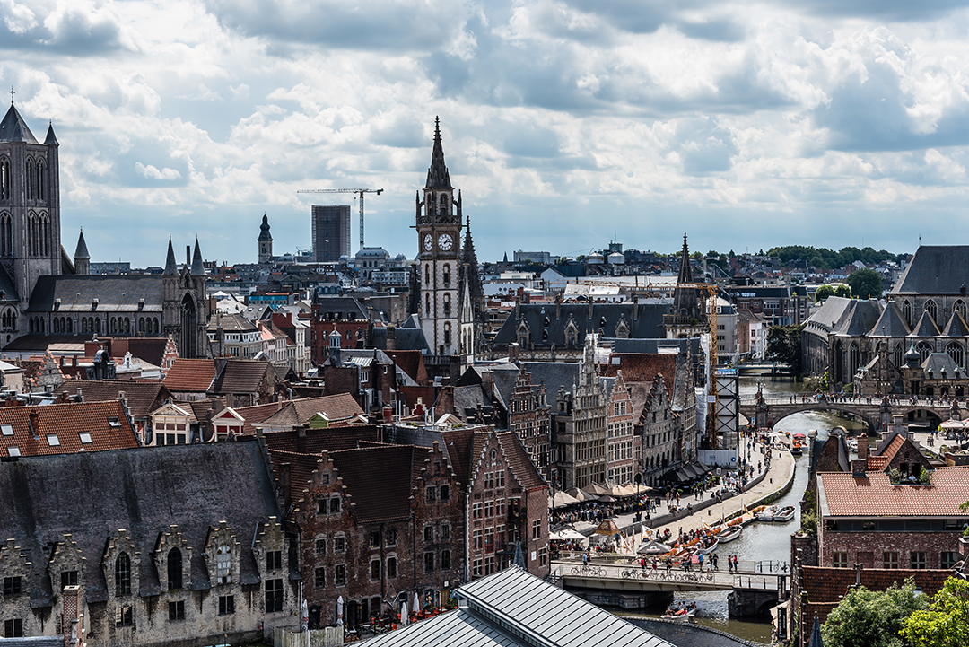 Panoramic skyline of Ghent with church towers and medieval architecture in Flanders.