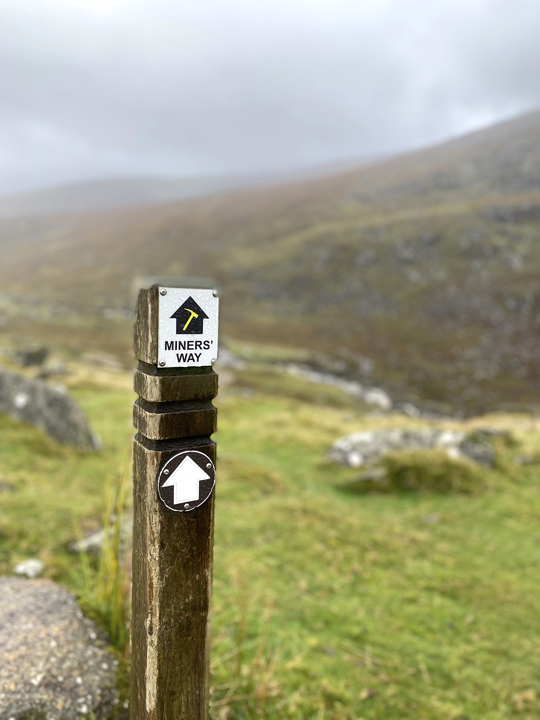 Oznaka pohodniške poti Miners' Way v gorovju Wicklow na Irskem